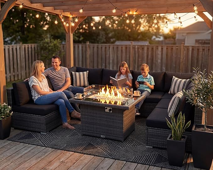 NICESOUL 9 Piece Extra Large Outdoor Patio Furniture Conversation Set with Fire Pit Natural Gas/Propane, 29.3'' High Back Modular Deep Seat Sectional Sofa Set for Outside, 2 Color Cushion Black&Gray