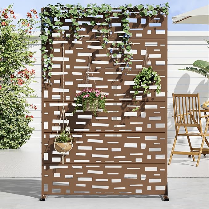 Casaphoria Metal Privacy Screen Outdoor, 72" H x 47" W Freestanding Decorative Privacy Screen for Patio Deck Balcony Garden with Stable Base, Brown-Gerald