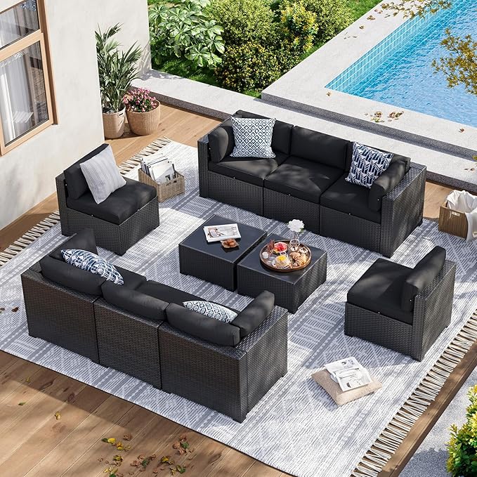 Aoxun 10 Piece Patio Furniture Set Wicker Rattan Patio Sectional Sofa Set Outdoor Seating Furniture with Thickened Cushion, Black