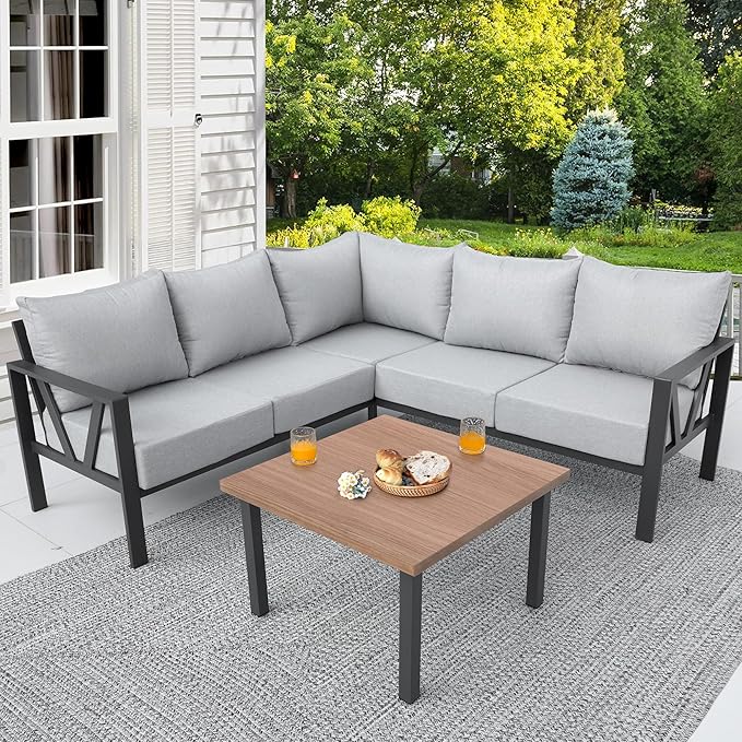 Outdoor Furniture Set, 6 Pieces Outdoor Couch Sectional, L Shaped Metal Patio Corner Sofa with 6” Thick Cushions, Patio Seating Conversation Set, Light Grey