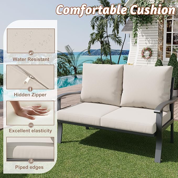 HOMREST Outdoor Loveseat Aluminum Patio Furniture Sofa, All-Weather Metal Outdoor Couch with Cushions, Beige