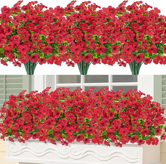 Bassion Artificial Flowers for Outdoors, 24 Bundles UV Resistant Fake Flowers Realistic Silk Faux Plants for Outdoor Planter Window Box Porch Patio Garden Home Outside Decorations