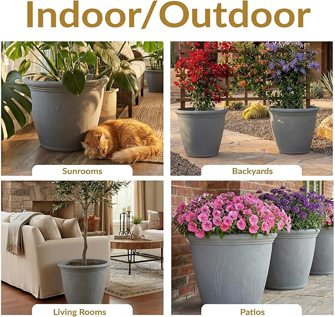 Sunnydaze 20-Inch Anjelica Large Plastic Pot for Plants - Outdoor Double-Walled Large Plastic Planter with Drillable Drainage Holes - Light Gray - 2pk