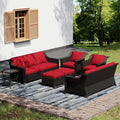 Joyside Wicker Patio Furniture Sets, 7 Pieces Upgraded Large Size Outdoor Furniture with Swivel Rocking Patio Chairs, Two 3-Seat Sofa, Outdoor Ottoman, Thick Cushions, Wide Armrest, Red