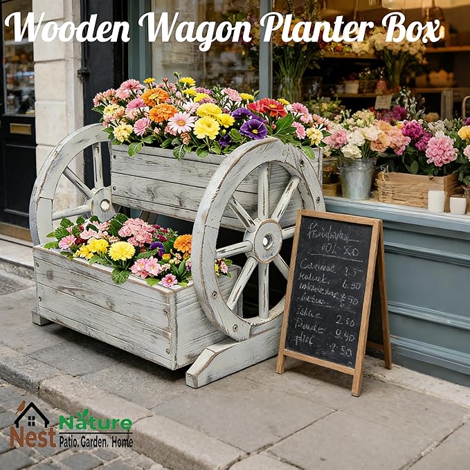 NestNature Wooden Wagon Planter Box,Raised Garden Bed,Decorative Garden Planters with Wheels-Outside Flower Pots for Indoor/Outdoor Décor Plants (Antique White)