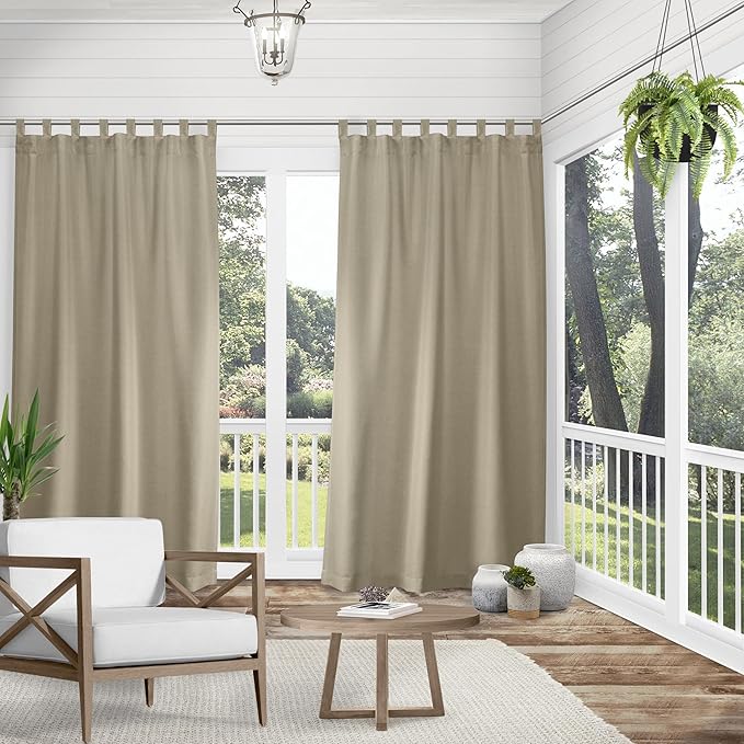 Exclusive Home Cabana Solid Indoor/Outdoor Light Filtering Hook-and-Loop Tab Top Curtain Panel Pair, 54"x144", Taupe
