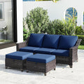 Joyside Patio Furniture Set, 3 Pieces Outdoor Wicker High Back Sofa with Ottoman and Comfy Cushions, Upgraded Large Size, All Weather High Back Conversation Set, (Brown/Blue)
