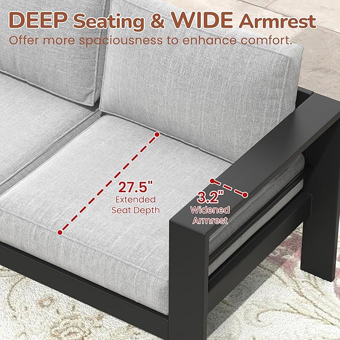 Solaste Aluminum Outdoor Couch, 3-Seat Metal Outdoor Sofa with Water-Resistant Cushion, Weather-Resistant Modern Patio Sofa, Black Frame Grey Cushion