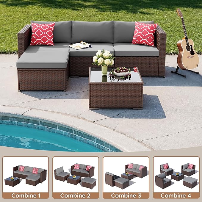 Aiho 5 Pieces Patio Furniture Set All-Weather Outdoor Wicker Sectional Patio Furniture with Cushion and Glass Table (Grey)