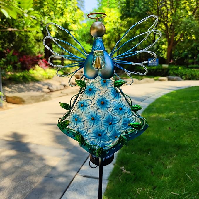38Inch Angel Solar Lights Outdoor Decorative-Metal&Glass Angel Blue Hydrangea Flower Garden Stake- Waterproof 30 Warm White LED for Remembrance & Sympathy Gifts（Blue）