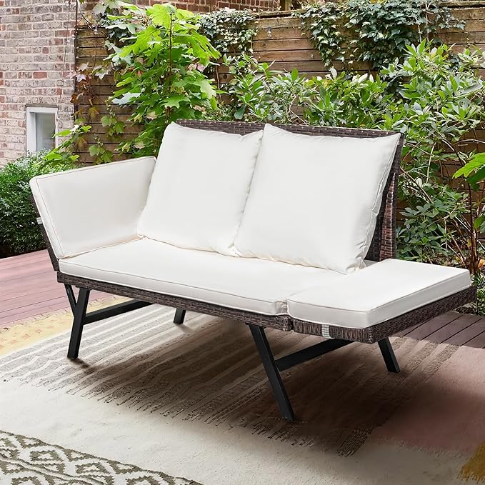 Greesum Outdoor Sofa, Woven Rattan Patio Furniture, Convertible Daybed or Double Chair with Adjustable Armrests, Cushions and Pillows for Yard, Porch, Pool, Brown Lounger & Beige Pillowcase