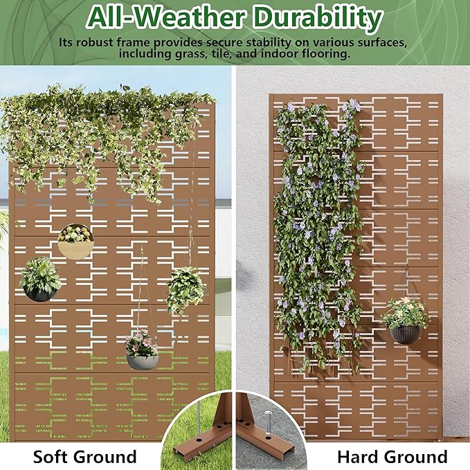 Casaphoria Metal Privacy Screen Outdoor, 72" H x 35" W Freestanding Decorative Privacy Screen for Patio Deck Balcony Garden with Stable Base, Brown-Brick
