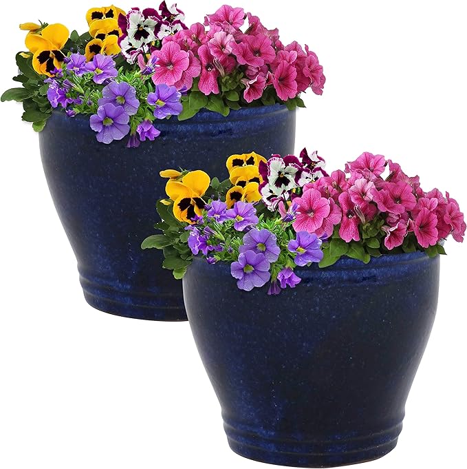 Sunnydaze Round Ceramic Planter - Set of 2 Indoor or Outdoor Plant Pots with Drainage Hole - Studio - 11" - Imperial Blue Glaze