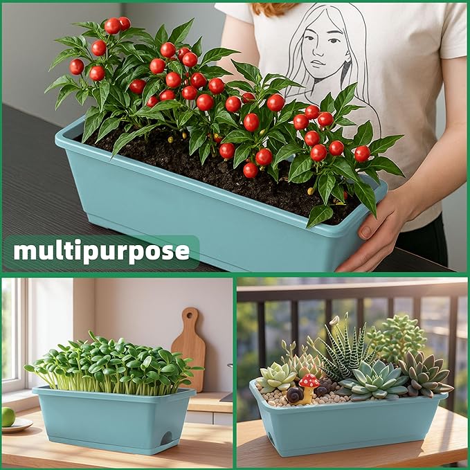 Window Box Planter, 12 Pack Plastic Vegetable Flower Planters Boxes 17 Inches Rectangular Flower Pots with Saucers for Indoor Outdoor Garden, Patio, Home Decor (Brick RED) (Sky Blue)