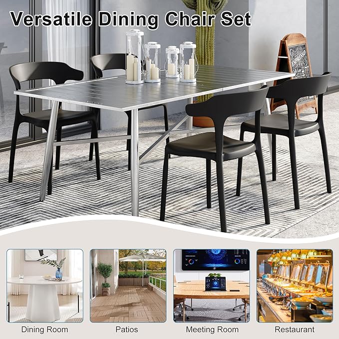 VECELO 4 Pack Plastic Stacking Chairs, Stackable Dining Chairs for Kitchen Restaurant Patio, Portable Indoor Outdoor Use, No Assembly Required, Black