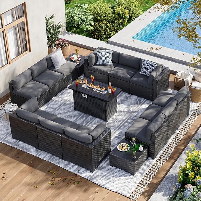 Aoxun 15 Piece Patio Furniture Set with 44” Fire Pit Table Wicker Rattan Patio Sectional Sofa Set Outdoor Seating Furniture with Thickened Cushion, Grey