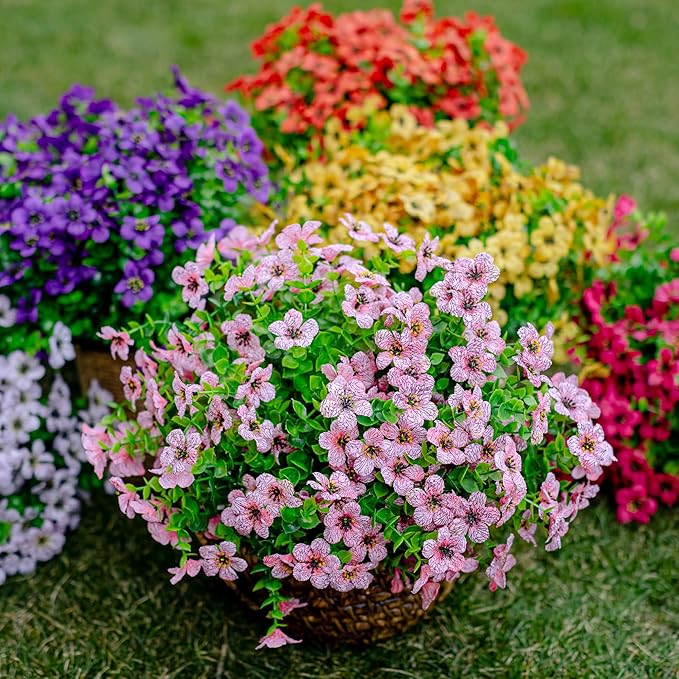 Artificial Flowers for Outdoors Fake Plants - 16 Bundles Faux Outside Greenery Boxwood No Fade Plastic Shrubs Fall Decor Farmhouse Home Garden Thanksgiving Mums (Pink)