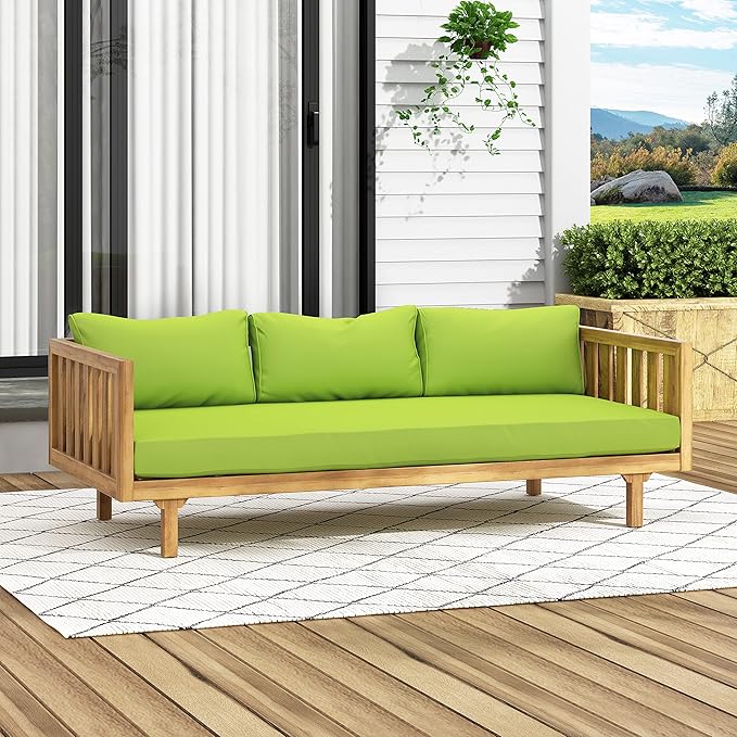 Claremont Outdoor 3 Seater Daybed with Cushions - Acacia Wood - Teak/Green