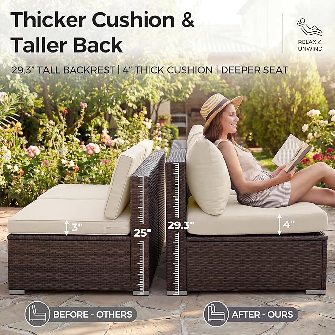 NICESOUL 9 Piece Patio Furniture Conversation Set, Extra Large Size Outdoor Rattan Sectionals with Fire Pit Table Natural Gas & Propane Convertible, 29.3'' High Back 8 Seater Deep Wide Sofa, Espresso