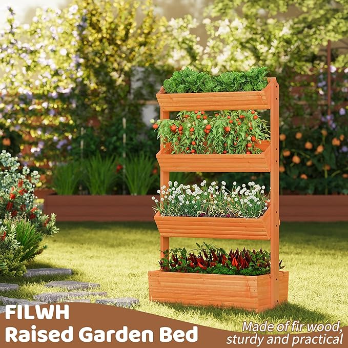 FILWH Wooden Raised Garden Bed Vertical Planter Box, Freestanding Plant Stand for Indoor Outdoor Plants, Herbs, Flowers, Vegetables, Gardening (Reddish Brown, 4-Tier，29.9 x 17.9 x 55in)