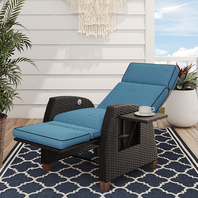 Grand patio Outdoor Recliner Chair Patio 150° Lay Flat Recliner with Flip Table Wicker Reclining Lounge Chair Peacock Blue