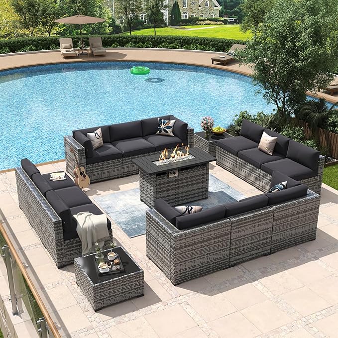 Aoxun 15 Piece Patio Furniture Set with Fire Pit Table Wicker Rattan Outdoor Sectional Sofa Set with Coffee Table and 4” Thickened Cushions, Grey/Black (Waterproof Cover Included)