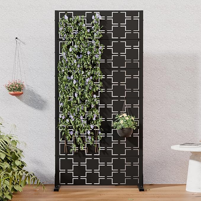 Casaphoria Metal Privacy Screen Outdoor, 60" H x 30" W Freestanding Decorative Privacy Screen for Patio Deck Balcony Garden with Stable Base, Black-Square
