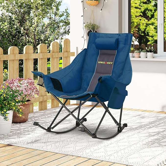 Oversized Rocking Camping Chair with Headrest & Cup Holder - 400lbs Capacity, 600D Oxford Fabric, Easy Fold Portable Outdoor Rocker Chair for Camping, Backyard, Beach, Blue