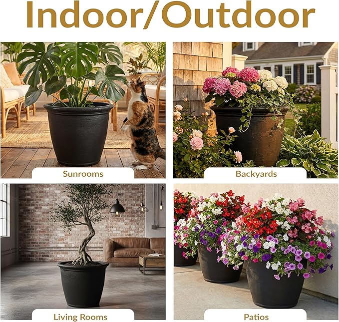 Sunnydaze 20-Inch Anjelica Large Plastic Pot for Plants - Outdoor Double-Walled Large Plastic Planter with Drillable Drainage Holes - Matte Black - 4pk
