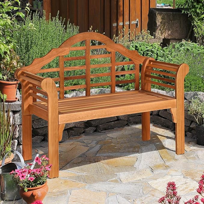 Giantex Outdoor Wood Bench, 4 Ft Foldable Eucalyptus Garden Bench, Two Person Loveseat Chair Solid with Curved Backrest and Armrest Ideal for Patio, Porch or Balcony (Teak)