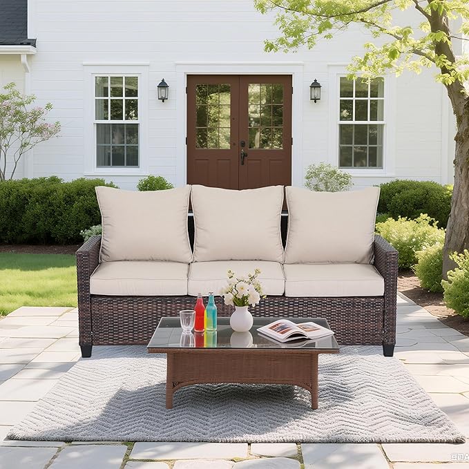 Rattan Outdoor Sofa 3-Seater - PE Woven Patio Couch with Waterproof Blue Cushions, Heavy-Duty Steel Frame for Garden, Poolside Outdoor Wicker Furniture-Beige