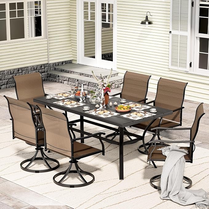 LEVELEVE 7 Piece Outdoor Patio Dining Set with 6 Swivel Dining Chairs & 1 Large Round Dining Table,Bistro Furniture Set for Lawn, Garden, Deck, Backyard and Porch