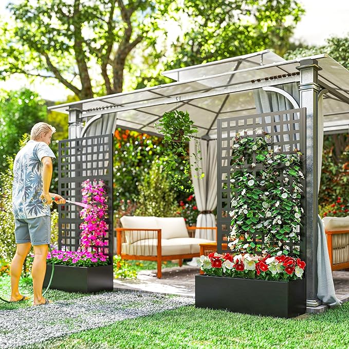 Outsunny Galvanized Raised Garden Bed with Trellis, Metal Planter Box with Drainage Holes, Outdoor Privacy Screen for Climbing Plants, Vegetable, Vines, 35" x 16" x 70", 2 Pack, Black