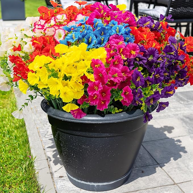 16PCS Artificial Fake Flowers for Outdoors/Indoors, Faux Silk Colorful Morning Glory with Eucalyptus, UV Resistant Realistic Floral Arrangement for Garden Porch Window Box Home Balcony Yard (8 Colors)