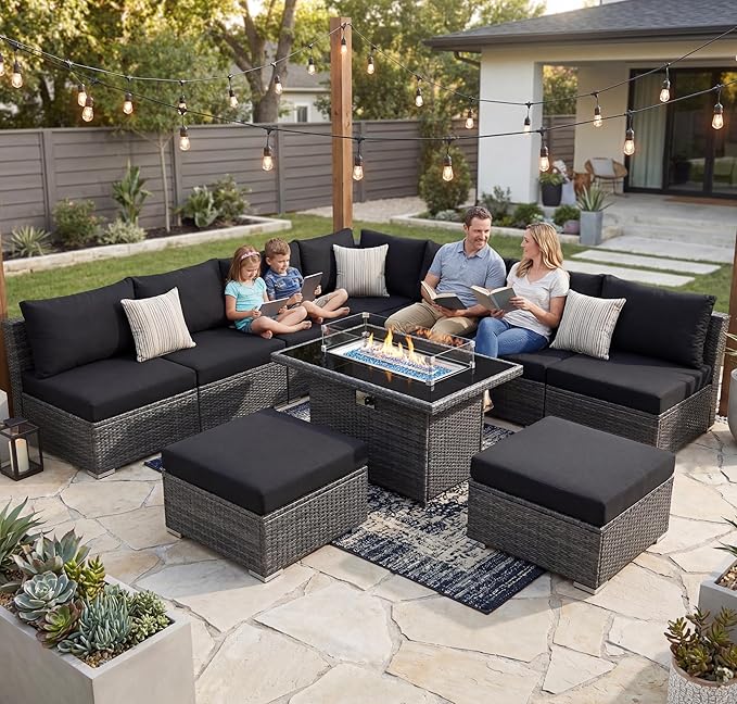 NICESOUL 10 Pcs Outdoor Sectional Set with Natural Gas/Propane Firepit Table, 29.3'' High-Back Patio Furniture Sofa Set, Oversized Rattan Couches for Backyard Garden Lawn, 2 Color Cushion Black & Gray