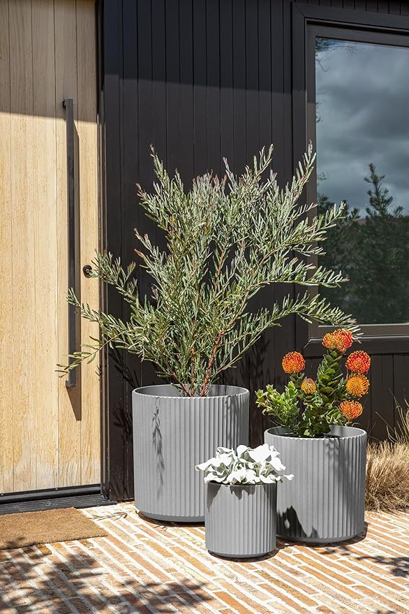 Veradek Demi Series Set of 3 Round Planters for Porch, Patio, Backyard | Durable Plastic-Concrete Material | Modern Décor for Tall Plants, Flower