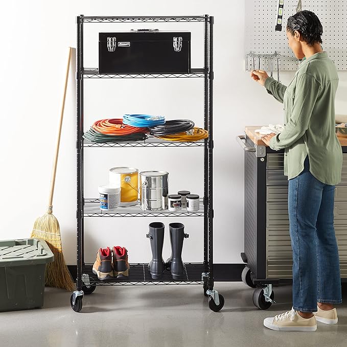 Amazon Basics 5-Shelf Heavy Duty Garage Shelving Storage Rack with 4" Wheel Casters, Adjustable Metal Wire Organizer, 300 lbs Per Shelf, 30" x 14" x 64.75", Black
