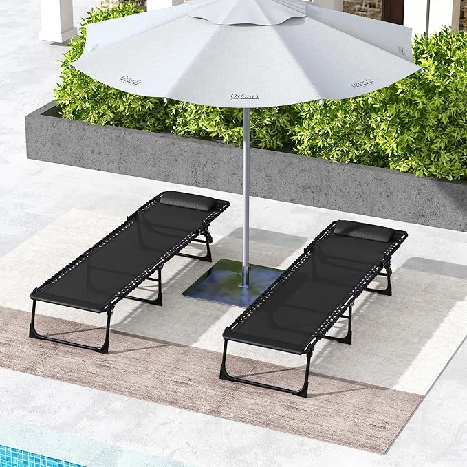 Outsunny Folding Chaise Lounge Chair Set of 2, Patio Sun Tanning Chair, Outdoor Chaise Lounger with 4-Position Reclining Back, Breathable Mesh Seat for Beach, Poolside, Black