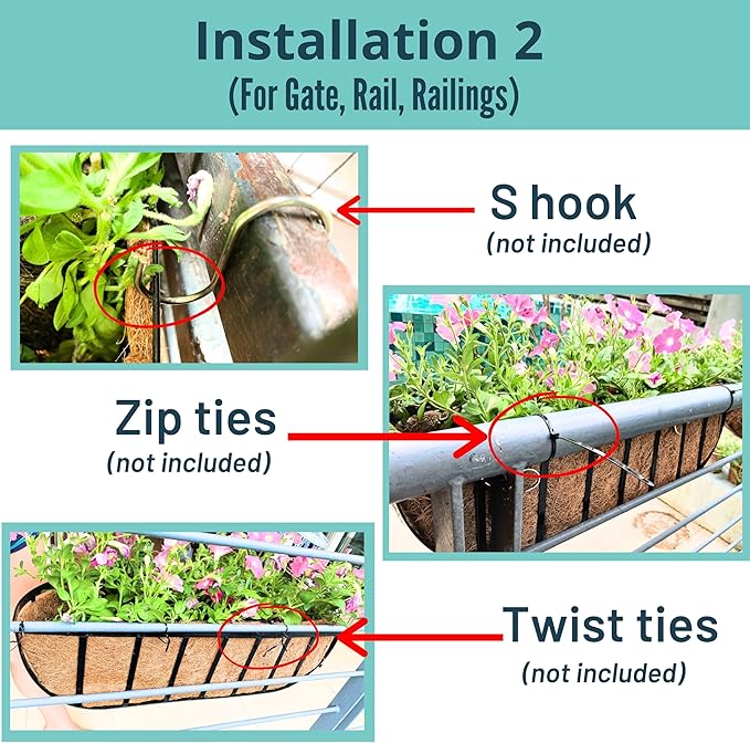LaLaGreen Outdoor Wall Planter for Plants (24 Inch, 8 Pack) Large Black Metal Basket with Coco Liner, Window Flower Box Deck Railings Hanging Balcony Plant Holder Pot Garden Fence Balcony Patio Rail