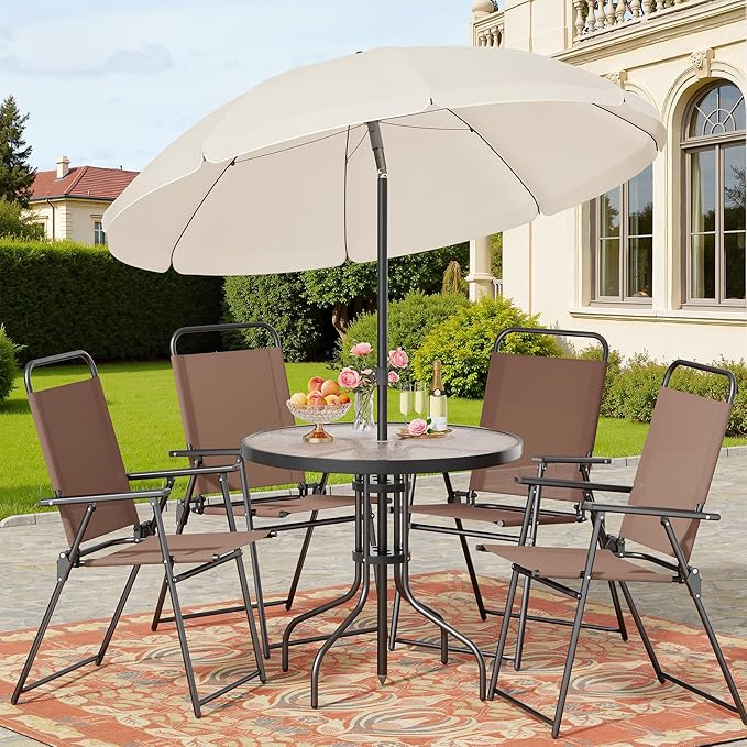 Shintenchi 6 Piece Patio Dining Set with Umbrella, Outdoor Furniture Set with 4 Folding Chairs and Tempered Glass Top Dining Table fot Lawn Backyard Garden Porch Brown and Beige