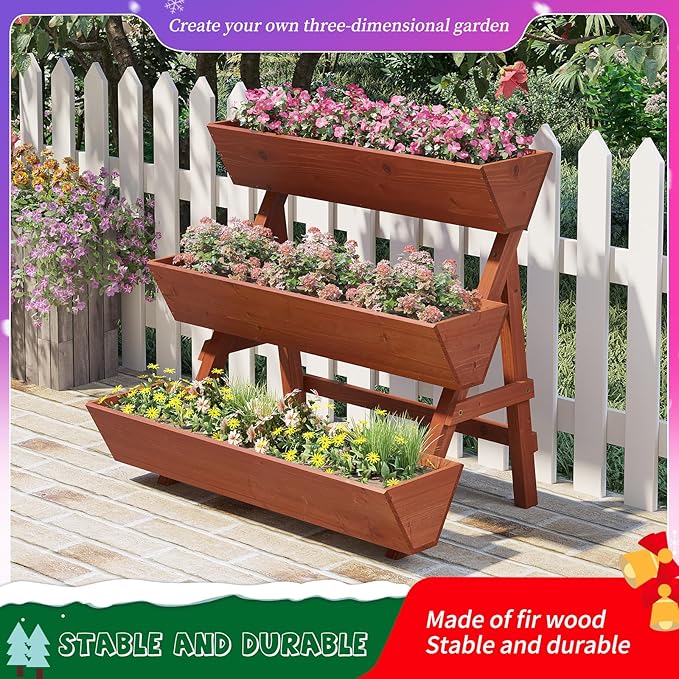 3-Tiers Wooden Raised Garden Bed,Wood Planter Box for Vegetable,Flower Rack,Flower Pot Stands,Indoor Outdoor Gardening Planting Beds (Brick red, Large)