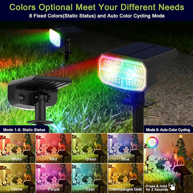 DAMINY Color Changing Solar Spot Lights 9 Lighting Modes, Outdoor Waterproof IP65,Multicolor RGB Christmas Spotlight for Gardens, Porches, Landscape, Yard Deconrations-4 Pack