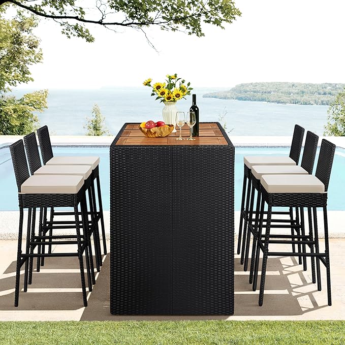Yaheetech 7 Piece Patio Dining Set Outdoor Acacia Wood Bar Table and Chairs with Removable Cushions, Wicker Furniture Set for Deck, Backyard, Garden, Black/Beige