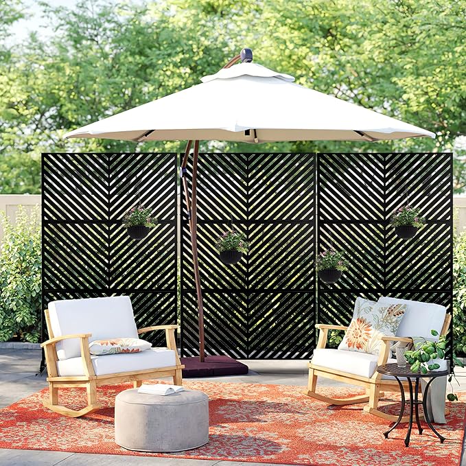 Casaphoria Metal Privacy Screen Outdoor, 72" H x 47" W Freestanding Decorative Privacy Screen for Patio Deck Balcony Garden with Stable Base, Black Parallel