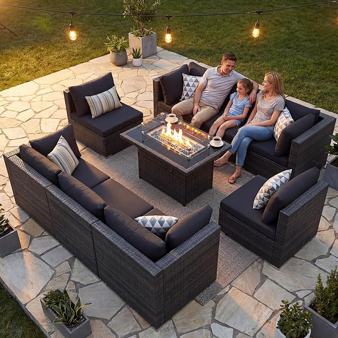 NICESOUL 9 Piece Outdoor Patio Sectional Furniture Set with Firepit Table Natural Gas/Propane, 29.3 High Back Comfy Conversations for Outside, 8 Seats Large Rattan Couch, 2 Color Cushion Black &Grey