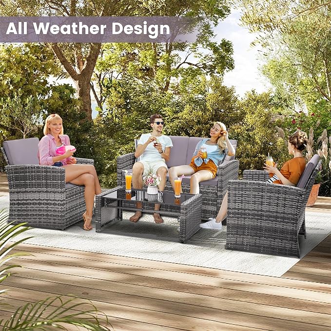 4-Piece Patio Furniture Set, Wicker Outdoor Rattan Sectional Sofa with Cushions and Glass Table, All-Weather Outdoor Conversation Set, Ideal for Garden, Porch, Backyard, Grey