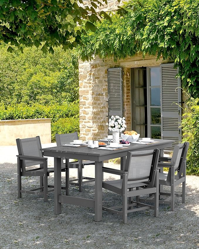 SERWALL Patio Dining Sets for 6, Outdoor HDPE Dining Set with Umbrella Hole Cut-Out Table and 6 Woven Chairs, Gray