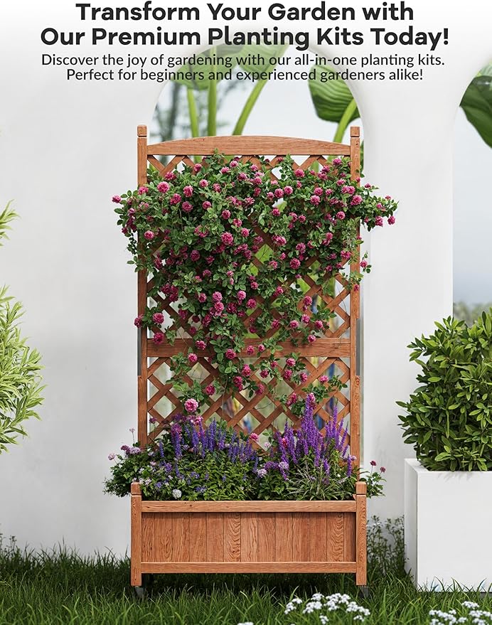 GarveeLife 1PC Wood Planter Box with Trellis - 29.5"x26"x61.5" Tall Raised Garden Bed with Wheels, Drainage Holes, Vertical Flower Stand for Patio Horticulture