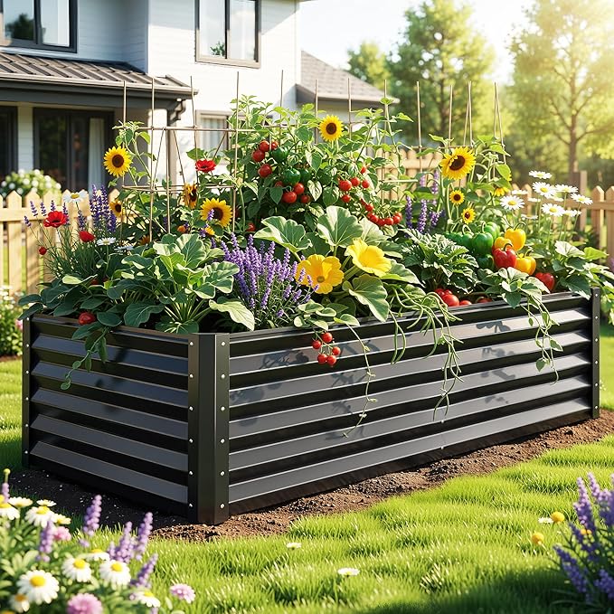 YITAHOME 6x3x1.5 ft Galvanized Raised Garden Bed Kit, Large Metal Planter Box with Gloves & Support Rod, Outdoor Flower Bed for Plants Vegetables, Black