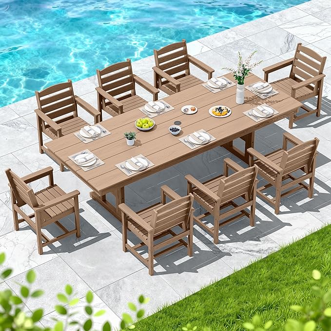 SERWALL 9 Piece Outdoor Dining Set, 84" HDPE Outdoor Table and Chairs for 8，All Weather Patio Furniture Set with Umbrella Hole for Backyard, Garden, Brown